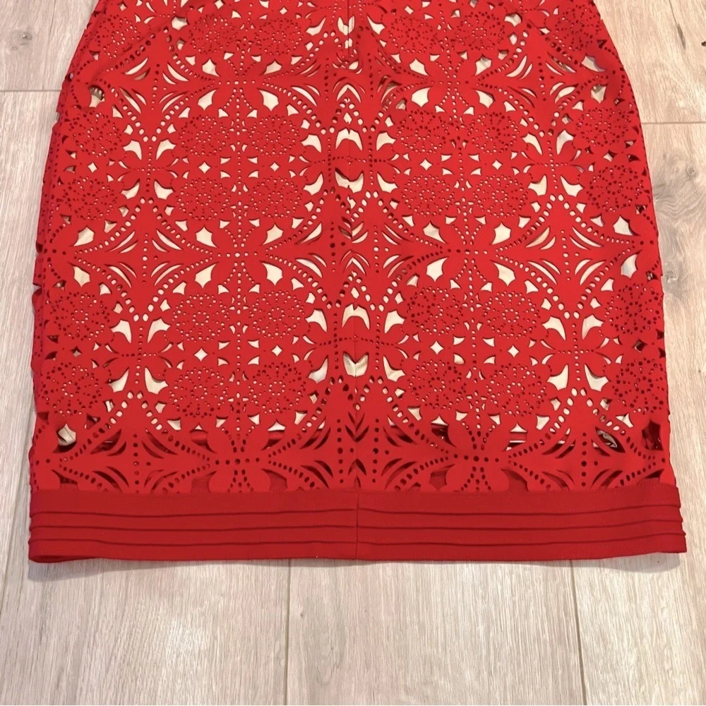 Tadashi Shoji Red Laser Cut Suede Sheath Knee Length Dress Size medium - Picture 9 of 16